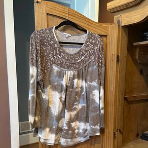 White Birch Brown and Cream Tie-Dye Blouse